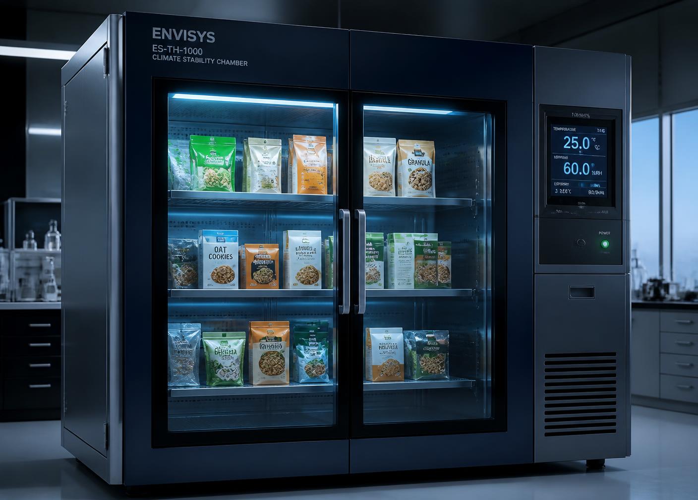 Câmara climática com produtos alimentícios em estudo de estabilidade